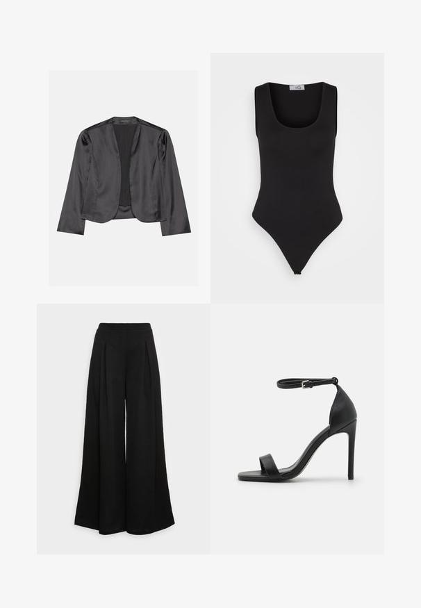 Blazer de satén negro con una textura suave, diseño de frente abierto, manga larga y silueta minimalista. Etiquetado "ANNA FIELD" en el interior.; Mono negro con escote redondo, diseño sin mangas, textura lisa y corte alto en las piernas. Presenta una parte trasera tipo tanga y costuras mínimas.; Pantalones negros de pierna ancha hechos de una tela suave, con pliegues frontales y una cintura alta, que garantizan una silueta fluida.; Sandalia de tacón alto negra con un diseño elegante, que cuenta con una correa en el tobillo, punta abierta y una textura de cuero suave.
