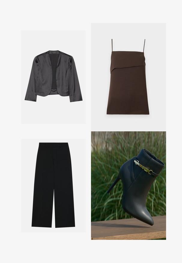 Zwart satijnen blazer met een gladde textuur, open voorkant, lange mouwen en een minimalistisch silhouet. Binnenin gelabeld als "ANNA FIELD".; Donkerbruine mouwloze mini-jurk met dunne spaghettibandjes en een recht uitgesneden halslijn met gelaagde stofdetail.; Zwart, wijde broek van een gladde stof. Heeft een plat tailleband met riemlussen en geen zichtbare zakken. Eenvoudig ontwerp.; Zwarte high-heeled enkelboot met spitse neus en gouden gespdetails, weergegeven op een houten oppervlak met een achtergrond van groene bladeren.