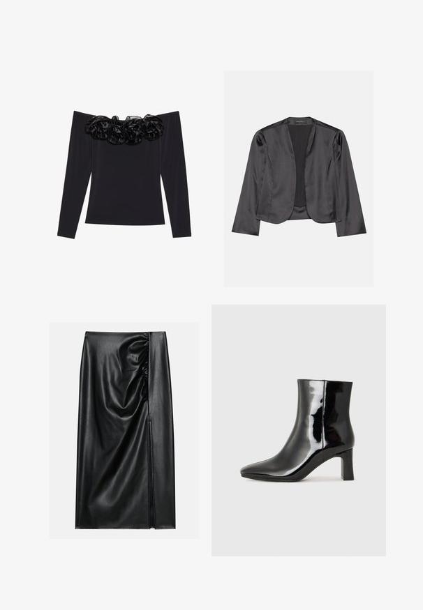Sort satin blazer med en glat tekstur, åben frontdesign, lange ærmer og minimalistisk silhuet. Mærket "ANNA FIELD" indeni.; Sort off-shoulder top med lange ærmer, der har en tekstureret blomsterkant i sort velour langs halsudskæringen.; Sort læderskirt med en glat overflade, der har en indsamlet sektion på den ene side og en skråning på siden for ekstra detaljer.; Sort lakeret ankelstøvle med spids tå og en midt-højde blokhæl. Glat tekstur og minimalistisk design.