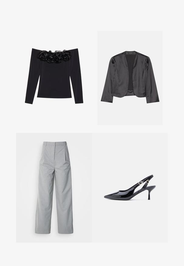 Sort satin blazer med en glat tekstur, åben frontdesign, lange ærmer og minimalistisk silhuet. Mærket "ANNA FIELD" indeni.; Sort off-shoulder top med lange ærmer, der har en tekstureret blomsterkant i sort velour langs halsudskæringen.; Grå bredebukser lavet af tekstureret stof, med høj talje, læg foran og en lige pasform ned til kanten.; Sort laklæderslingbacksko med spids tå, justerbar rem med spænde og en slank, høj hæl. Har åbent sidestykke med udskæring.