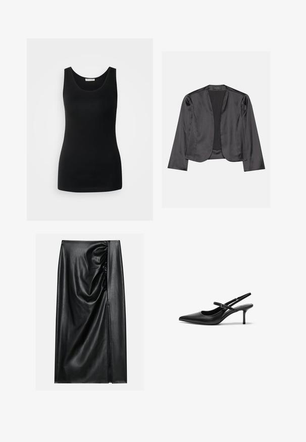 Blouson en satin noir avec une texture lisse, design à ouverte à l'avant, manches longues et silhouette minimaliste. Étiqueté "ANNA FIELD" à l'intérieur.; Débardeur noir sans manches, en tissu lisse, avec un col rond classique et une coupe ajustée. Pas de motifs ni d'accents.; Jupe en cuir noir avec une texture lisse, présentant une section froncée sur un côté et une fente sur le côté pour un détail supplémentaire.; Talons aiguilles noires en cuir avec un bout pointu, une fine bride réglable, et un talon aiguille d'environ 5 cm, texture lisse.