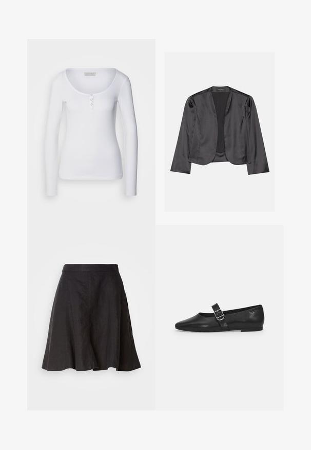 Blouson en satin noir avec une texture lisse, design à ouverte à l'avant, manches longues et silhouette minimaliste. Étiqueté "ANNA FIELD" à l'intérieur.; Haut à manches longues blanc avec un décolleté en scoop, texture côtelée et trois accents de boutons argentés sur le plastron avant.; Jupe en lin noire avec un design évasé, dotée d'une taille et de coutures. Le tissu a une texture légèrement texturée et arrive à hauteur du genou.; Chaussure plate en cuir noir avec un bout arrondi, une seule sangle réglable à boucle et une texture lisse et brillante. Design minimaliste avec un petit talon.