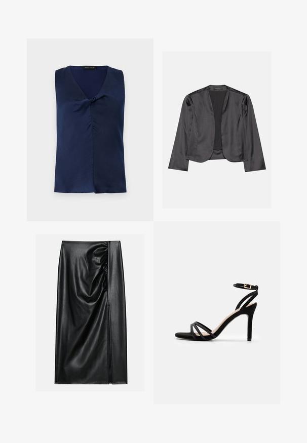 Blouson en satin noir avec une texture lisse, design à ouverte à l'avant, manches longues et silhouette minimaliste. Étiqueté "ANNA FIELD" à l'intérieur.; Blouse bleu marine sans manches avec col en V et détail subtil de torsion à l'avant, pliée soigneusement sur un fond clair uni.; Jupe en cuir noir avec une texture lisse, présentant une section froncée sur un côté et une fente sur le côté pour un détail supplémentaire.; Anna Field by Zalando Sandales - black