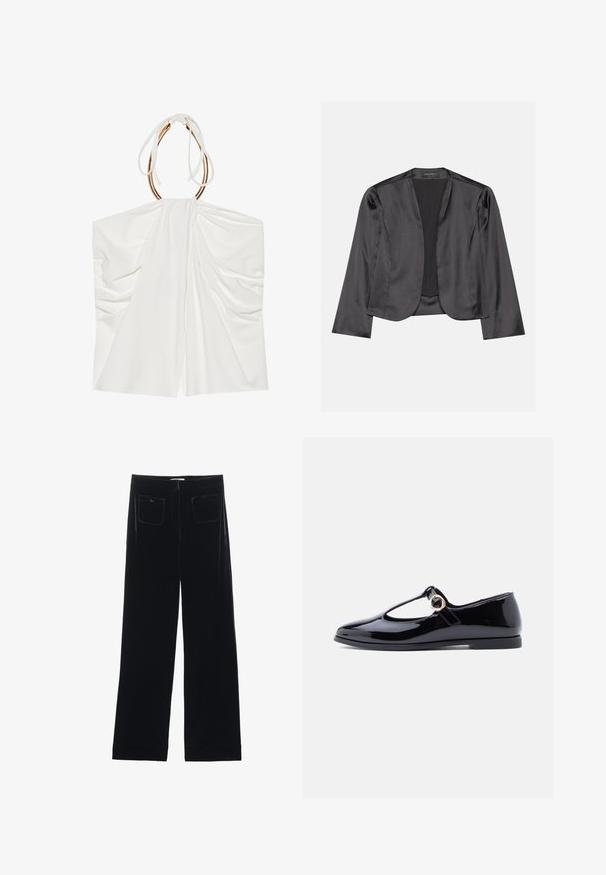 Sort satin blazer med en glat tekstur, åben frontdesign, lange ærmer og minimalistisk silhuet. Mærket "ANNA FIELD" indeni.; Hvid ærmeløs top med draperet stof, en indsnøret halterneck og detaljer i guldfarvet metal. Blød tekstur og let, flydende design.; Sorte velour bredbukser med to baglommer og en glat tekstur, der har en lige skæring og syede afslutninger ved anklerne.; Sort laklæder Mary Jane-sko med rundet tå, T-rem og gyldent cirkulært hardware-detalje, flad sål og glat skinnende finish.