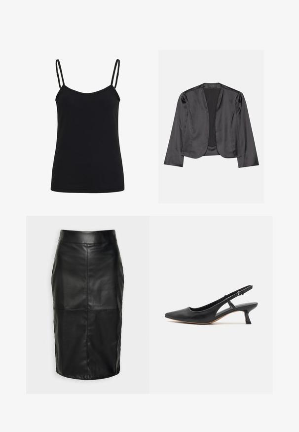 Blouson en satin noir avec une texture lisse, design à ouverte à l'avant, manches longues et silhouette minimaliste. Étiqueté "ANNA FIELD" à l'intérieur.; Kaffe KAARINA STRAP - Débardeur - black deep; Jupe en cuir noir avec une texture lisse, présentant une taille haute et des coutures piquées qui créent une silhouette structurée et discrète.; Chaussure slingback en cuir noir avec un bout pointu, un petit talon bloc, des découpes sur les côtés et une bride à la cheville ajustable. Texture lisse sur toute la chaussure.