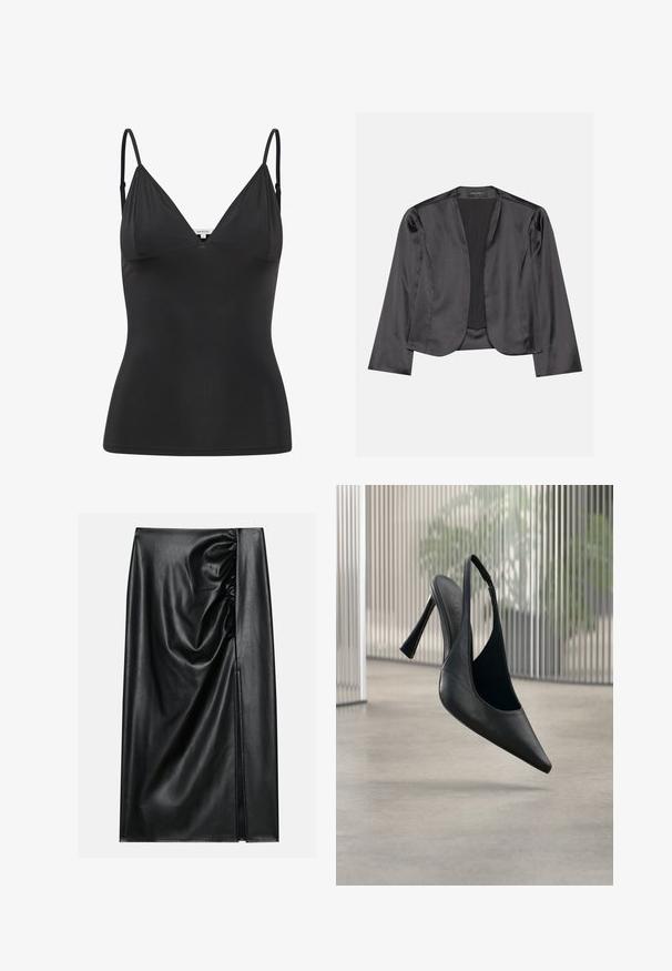 Sort satin blazer med en glat tekstur, åben frontdesign, lange ærmer og minimalistisk silhuet. Mærket "ANNA FIELD" indeni.; Sort, tætsiddende camisole med justerbare tynde stropper, V-halsudskæring, sømløst design og glat tekstur. Lavet af et blødt, strækbart materiale.; Sort læderskirt med en glat overflade, der har en indsamlet sektion på den ene side og en skråning på siden for ekstra detaljer.; Sort læder slingback stilet hælsko med spids tå, svævende over en glat beton gulv og vertikal metal panel baggrund.