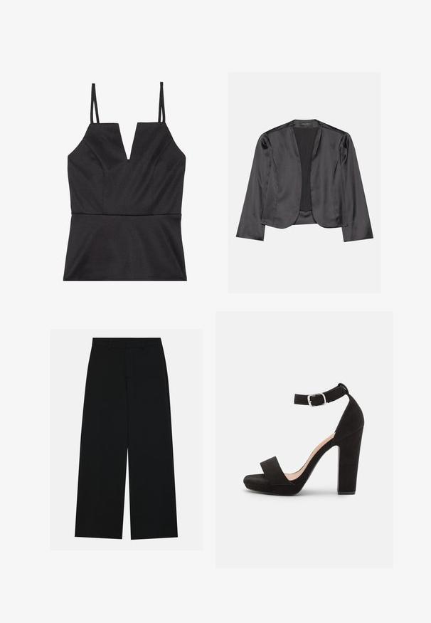 Sort satin blazer med en glat tekstur, åben frontdesign, lange ærmer og minimalistisk silhuet. Mærket "ANNA FIELD" indeni.; Sort ærmeløs top med V-udskæring, der har en tætsiddende liv, glat tekstur og tynde justerbare stropper.; Breddebenede sorte bukser lavet af et glat stof. Har en flad talje med bæltestropper og ingen synlige lommer. Simpelt design.; Anna Field by Zalando Sandaler - black