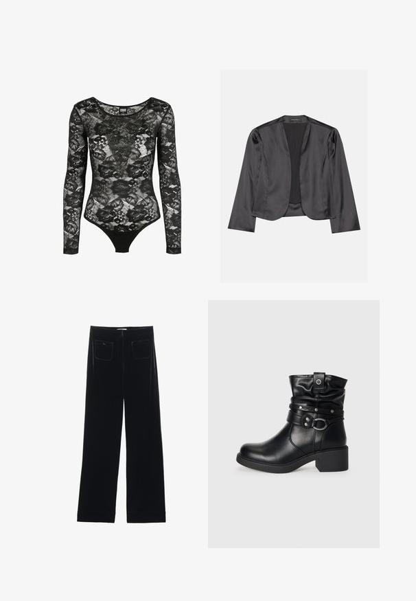 Blouson en satin noir avec une texture lisse, design à ouverte à l'avant, manches longues et silhouette minimaliste. Étiqueté "ANNA FIELD" à l'intérieur.; Body en dentelle noire à manches longues avec motif floral, encolure dégagée et silhouette ajustée, conçu par Urban Classics.; Pantalons larges en velours noir avec deux poches arrière et une texture lisse, présentant une coupe droite et une finition ourlée aux chevilles.; Bottine en cuir noir avec un haut replié, une sangle décorative avec des accents métalliques, un bout rond et un large talon. Texture lisse.