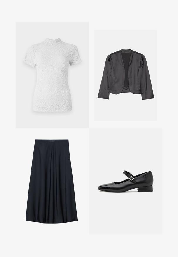 Schwarzer Satin-Blazer mit glatter Textur, offenes Vorderdesign, lange Ärmel und minimalistischer Silhouette. Innen mit dem Etikett "ANNA FIELD".; Weißes Spitzentop mit kurzen Ärmeln und einem hohen, gewellten Halsausschnitt. Blumenmuster überall, semi-transparenter Stoff mit strukturierter Optik.; Schwarzer, knielanger Rock aus leichtem Material mit fließendem Design. Verfügt über eine glatte Textur und subtile Falten für zusätzliche Details.; Schwarze Leder-Mary-Jane-Schuhe mit einer patentierten Zehenkappe, verstellbarem Knöchelriemen und niedrigem Blockabsatz. Glatte Textur und elegantes Design.