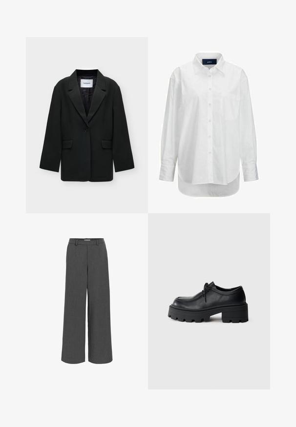Veste noire à un bouton avec revers et deux poches avant à rabat, présentée à plat avec l’étiquette de marque Topshop à l’intérieur du col.; Chemise blanche à manches longues en coton doux avec un col boutonné, une poche à l'avant et un ourlet arrondi. Présente un empiècement au dos pour plus de structure.; Pantalon large gris fabriqué en tissu texturé, avec une ceinture élastique et des poches avant pour un ajustement décontracté.; Chaussure en cuir noir à lacets avec une semelle en caoutchouc noir épaisse et texturée et un bout arrondi. Présente des détails de couture discrets.