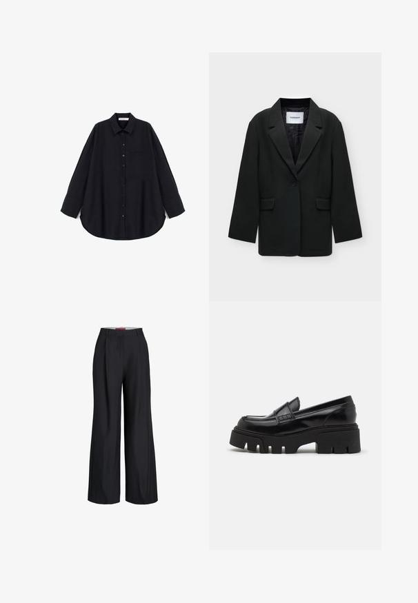 Topshop Σακάκι - black; Μαύρο πουκάμισο με κουμπιά κατασκευασμένο από υφασμάτινη υφή. Διαθέτει κυρτό γιακά, μακριά μανίκια, τσέπη στο στήθος και καμπυλωτό τελείωμα.; Μαύρο παντελόνι με φαρδιά μπατζάκια, θηλιές για ζώνη και κλείσιμο με φερμουάρ μπροστά, εμφανίζεται σε λευκό φόντο.; Μαύρες δερμάτινες loafers με χοντρή υφή στη σόλα και διακοσμητική ζώνη κατά μήκος του επάνω μέρους. Λείο, γυαλιστερό φινίρισμα.