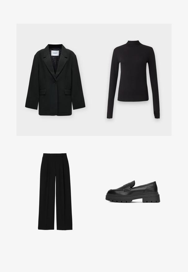 Zwarte blazer met één knoop, revers en twee voorzakken met klep, plat weergegeven met Topshop label in de kraag.; Zwart aansluitend shirt met lange mouwen en nepkraag, weergegeven op een effen lichtgrijze achtergrond.; Zwarte broek met hoge taille, wijde pijpen, riemlussen en voorvouwen, afgebeeld op een witte achtergrond.; Zwarte leren instappers met een dikke, robuuste zool. Heeft gegolfde details aan de voorkant en een gladde afwerking. Strak en modern ontwerp.