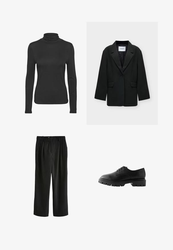 Zwarte blazer met één knoop, revers en twee voorzakken met klep, plat weergegeven met Topshop label in de kraag.; Zwarte lange mouw turtleneck shirt gemaakt van glad, rekbaar materiaal. Heeft een aansluitend ontwerp en een klassieke hoge kraag.; Zwarte wijde broek met verticale strepen, voorzien van een geplooide voorkant, elastische tailleband en een gladde textuur.; Zwarte leren schoen met een ronde neus, zes veterogen, platte veters en een stevige rubberen zool met diepe profielpatronen.