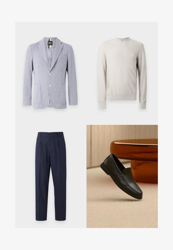 Blazer med houndstooth-mønster i blå og hvid. Har et notch-lapel, to knapper og forlommer. Lavet af tekstureret stof.; Lysebeige sweater med et struktureret mønster, rund halsudskæring og ribbede manchetter. Har et lille logopatch på brystet.; Marineblå bukser lavet af glat stof, med lige ben, folder foran og en enkelt knaplukning i taljen.; Sort læder slip-on loafer vist på beige tæppe ved siden af et buet borde af ravfarvet glas i et rum med neutrale toner.