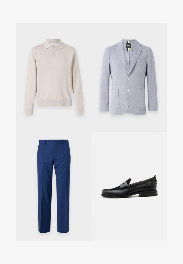 Blazer med houndstooth-mønster i blå og hvid. Har et notch-lapel, to knapper og forlommer. Lavet af tekstureret stof.; Lys beige langærmet polo skjorte lavet af blødt materiale. Har krave, tre-knaps lukning og ribbede manchetter og kant.; Mørkeblå bukser med lige ben design, der har flad front, subtil tekstur, bæltestropper og lynlåsstop.; Sort læderloafer med grå remdetalje, lav hæl og tekstureret sål, mærket med "HUGO" i guld på siden.