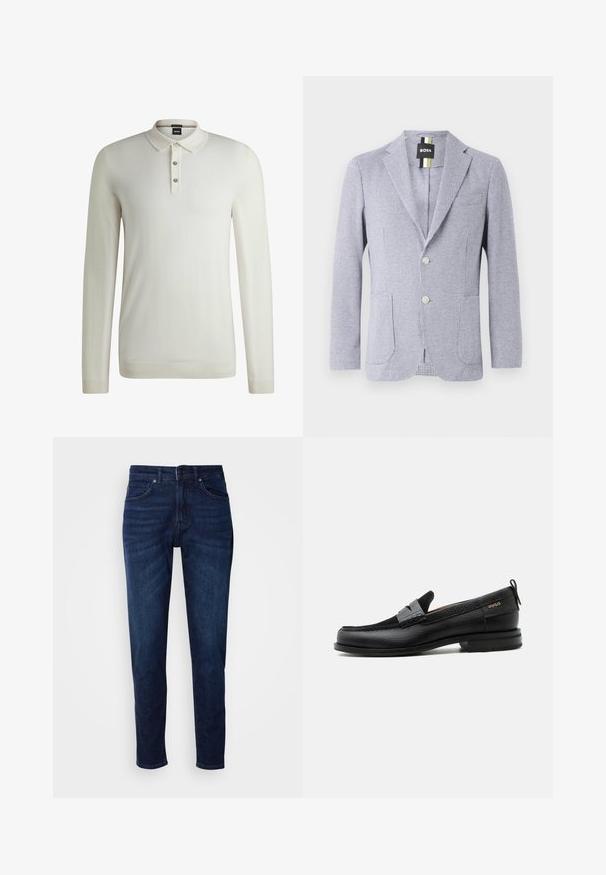 Blazer med houndstooth-mønster i blå og hvid. Har et notch-lapel, to knapper og forlommer. Lavet af tekstureret stof.; BOSS LANCIONE - Striktrøje - open white eleven; Mørkeblå denimbukser med lige ben, der har lommer og knaplukning i taljen. Blød tekstur, minimal falming.; Sort læderloafer med grå remdetalje, lav hæl og tekstureret sål, mærket med "HUGO" i guld på siden.