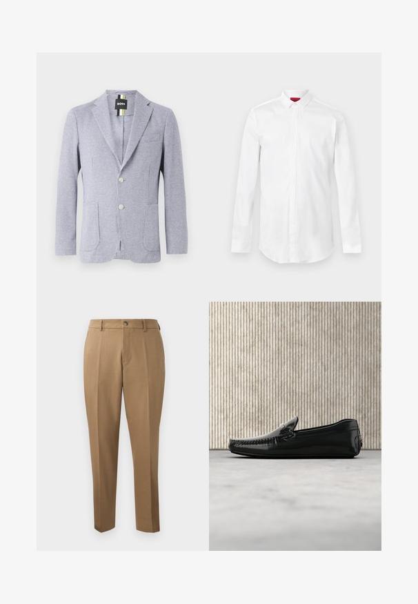 Blazer med houndstooth-mønster i blå og hvid. Har et notch-lapel, to knapper og forlommer. Lavet af tekstureret stof.; Hvid skjorte med lange ærmer, spids krave og skjult knaplukning, vist på en ensartet lys baggrund.; Brune skræddersyede bukser med lige snit, enkelt plissé, bæltestropper og frontknaplukning. Glat stof med en mat overflade.; Sorte læder loafers med en blank overflade, rund tå og dekorativt hardware foran. Lavprofil gummisål. Glat tekstur.