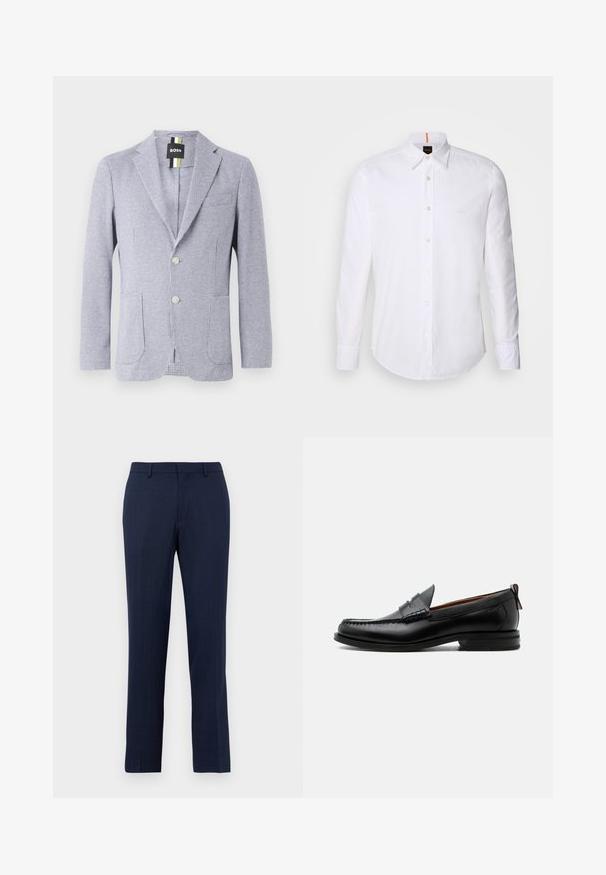 Blazer med houndstooth-mønster i blå og hvid. Har et notch-lapel, to knapper og forlommer. Lavet af tekstureret stof.; Hvid langærmet skjorte med knaplukning lavet af bomuld, med en klassisk krave, subtilt logo nær brystet og hvide knapper.; Mørkeblå skræddersyede bukser med bæltesløjfer, lynlås foran og lige benpasform mod en ensfarvet hvid baggrund.; Sort læder herre loafer med moc-tå syning, penny strop, struktureret krave og lav stablet hæl på hvid baggrund.