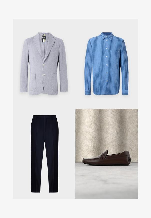 Blazer med houndstooth-mønster i blå og hvid. Har et notch-lapel, to knapper og forlommer. Lavet af tekstureret stof.; Blå langærmet skjorte med knapper og lodrette sorte striber samt en brystlomme foran, vist på en hvid baggrund.; Mørkeblå skræddersyede bukser med en glat tekstur, der har flad front, bæltehuller og en slank, tapered ben design.; Brune lædersandaler med en glat overflade, mokkasin-lignende syninger, hævet tå og en lav, fleksibel gummisål.