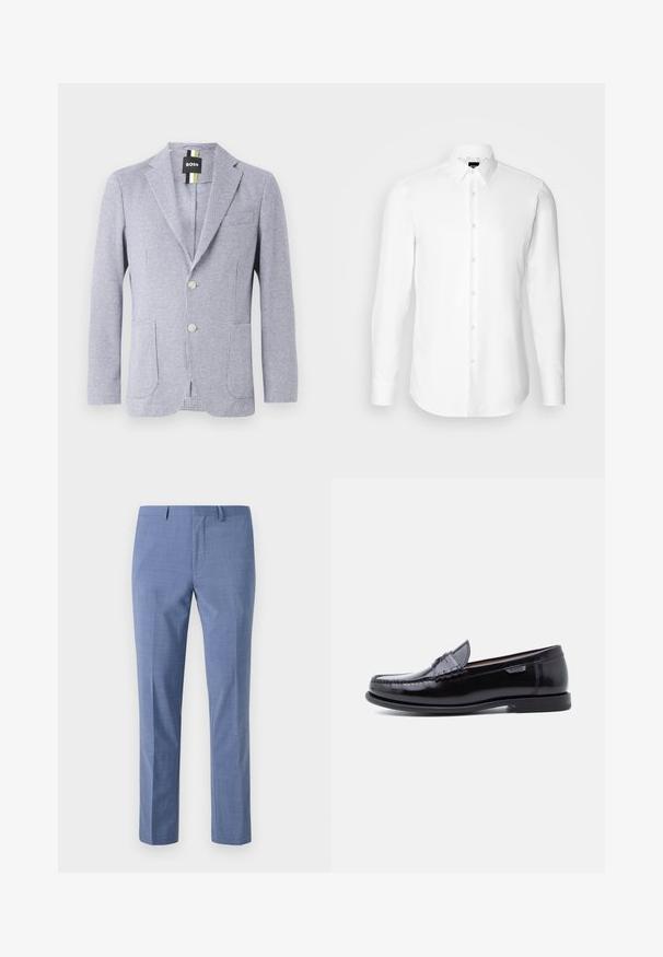 Blazer med houndstooth-mønster i blå og hvid. Har et notch-lapel, to knapper og forlommer. Lavet af tekstureret stof.; Hvid skjorte med lange ærmer, knaplukning foran, klassisk krave, lavet af glat stof med en subtil tekstur, designet til et tætsiddende udseende.; Lysblå dressbukser i skræddersyet pasform, struktureret stof, flad front, skrå sidelommer og en glat talje med bæltesløjfer.; Sorte læderloafer med en blank finish, der har et syet mønster på tåen og en lav, tekstureret sort gummisål.