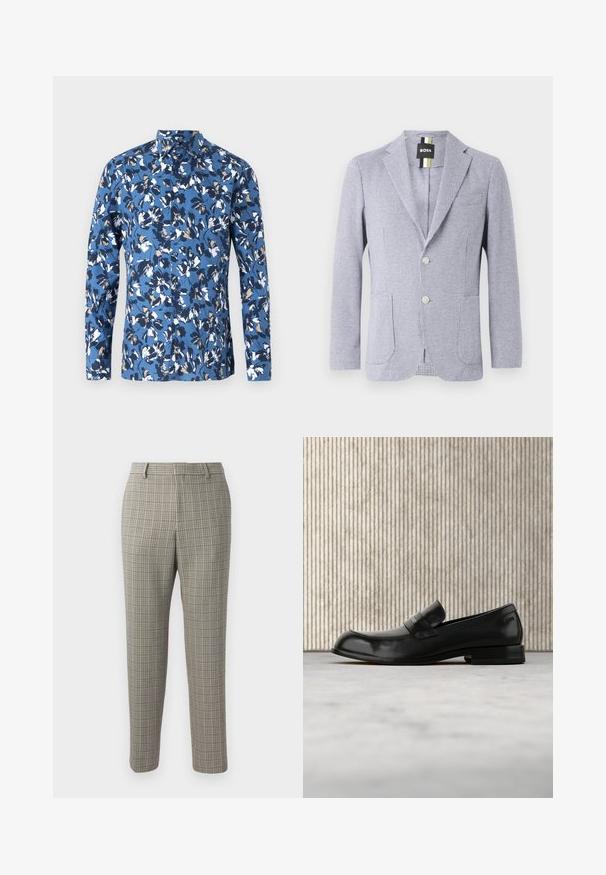Bleiseri, jossa on sinivalkoinen houndstooth-kuvio. Varustettu lippalapulla, kahdella napilla ja etutaskuilla. Valmistettu teksturoidusta kankaasta.; Sininen pitkähihaisten nappipaidan, jossa on valkoisista, laivastonsinistä ja ruskeista sävyistä koostuva kukkakuosi. Valmistettu sileästä puuvillakankaasta, jossa on kaulus.; Housut vaaleanbeigeissä kankaissa, joissa on tummanruskea ja tummansininen ruutukuosi, suora leikkaus ja tavanomainen vyötärö.; Musta nahkainen loafer, jossa metallikoriste, esillä kellumassa beigen maton yllä, taustalla pyöreä, meripihkankeltainen pöytä.