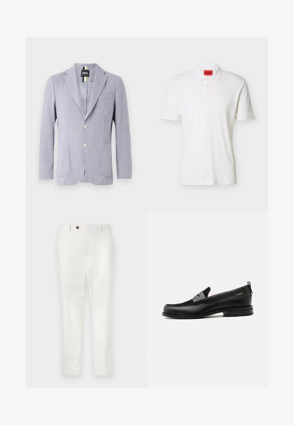 Blazer med houndstooth-mønster i blå og hvid. Har et notch-lapel, to knapper og forlommer. Lavet af tekstureret stof.; Hvid polo skjorte med korte ærmer, tre knapper og en rød HUGO-mærkat inde i kraven.; Hvide bukser lavet af letvægtsstof, med lige ben, en enkelt brun knap i taljen og minimalistisk stil.; Sort læderloafer med grå remdetalje, lav hæl og tekstureret sål, mærket med "HUGO" i guld på siden.