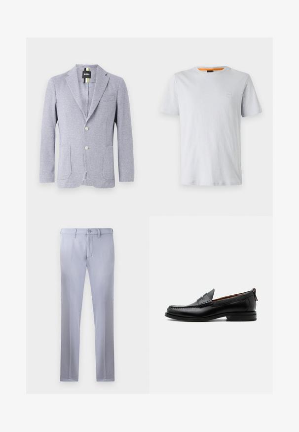 Blazer med houndstooth-mønster i blå og hvid. Har et notch-lapel, to knapper og forlommer. Lavet af tekstureret stof.; Lys grå kortærmet t-shirt lavet af bomuld, med et lille logo-patch på brystet og en kontrasterende orange detalje ved halsudskæringen.; Lysegrå skræddersyede bukser lavet af glat stof, med knaplukning, bæltestropper og lige ben. Ingen synlige lommer.; Sort læder herre loafer med moc-tå syning, penny strop, struktureret krave og lav stablet hæl på hvid baggrund.