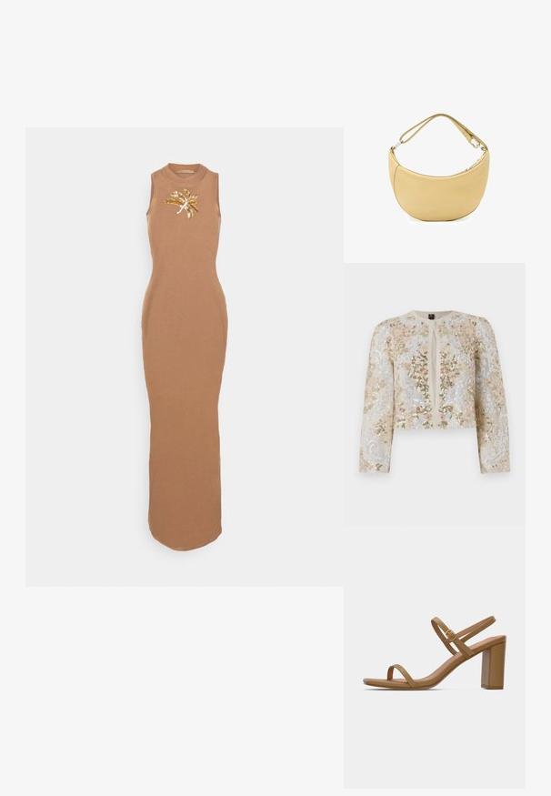 Broderet cropped jakke i beige med blomstermotiv i pink, grøn og blå. Har lange ærmer og rund halsudskæring.; HOUSE OF JAFFA SEA - Etuikjole - brown; Lysebrune hælede sandaler med to slanke stropper og en firkantet blokhæle. Glat materiale med minimalistisk design og en lille guldbeslag detalje.; Blød beige skuldertaske i læder formet som en halvmåne med justerbar rem og sølvfarvet lynlåslukning.