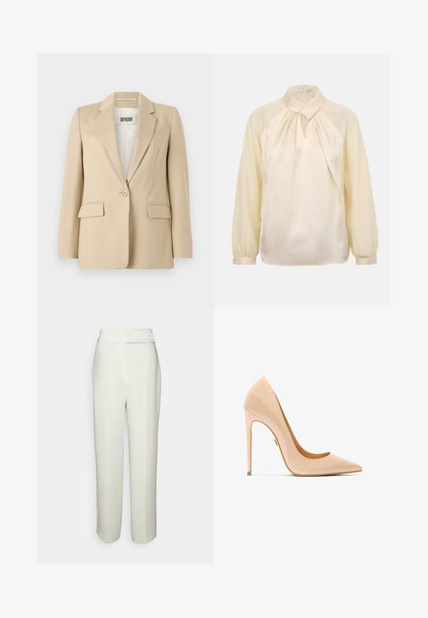 Beiger Blazer mit Reverskragen, Ein-Knopf-Verschluss, zwei Fronttaschen und glatter Textur. Das innen angebrachte Label zeigt "DRYKORN".; Cremefarbene Langarmbluse mit hohem Kragen, plissiertem Halsausschnitt, Schlitz und geknöpften Manschetten.; Halston KARTER WEDDING PANT - Stoffhose - chalk; Nackter Pumps aus Lackleder mit spitzer Zehenpartie, schlanker Silhouette und Stöckelabsatz, ausgestattet mit einer glatten, glänzenden Oberfläche.