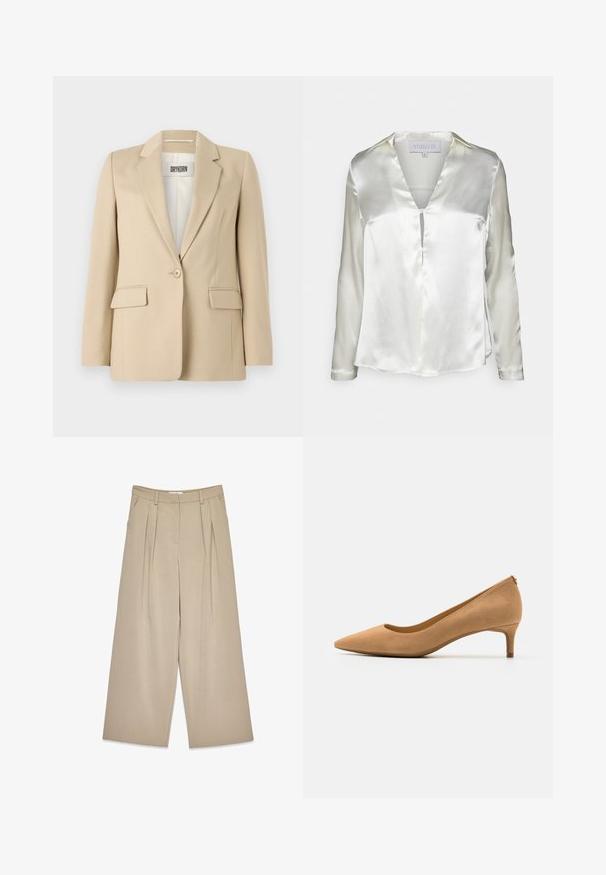 Blazer beige con solapas de muesca, cierre de un solo botón, dos bolsillos frontales y una textura suave. La etiqueta visible en el interior dice "DRYKORN."; STUDIO ID ALYSSA - Blusa - champagne; Pantalones de pierna ancha color beige con pliegues frontales, bolsillos laterales, pasadores para cinturón y un cierre frontal oculto.; Zapato de tacón alto con punta afilada en ante color marrón claro, con un tacón bajo y una textura suave. Silueta clásica con un ligero detalle en la parte trasera.