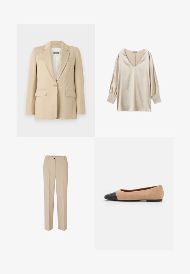 Beige blazer med spids. Enkelt knaplukning, to forlommer og en glat struktur. Mærket inde i blazeren viser "DRYKORN."; Beige satinbluse med dyb V-udskæring, lange puffærmer og tætsiddende manchetter. Glat tekstur og minimalistisk design.; Modström GALE - Bukser - powder sand; Beige ruskind balletflade med en sort læder rund tåkap, lav hæl og glat tekstur, der har minimal syning og et enkelt design.