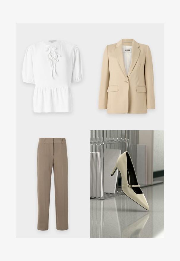 Blazer beige avec revers crantés, fermeture à un bouton, deux poches avant et une texture lisse. Étiquette visible à l'intérieur indique "DRYKORN."; Blouse blanche avec un col rond, des manches courtes bouffantes et un cordon à nouer à l'avant. Dotée d'un tissu tissé texturé et d'un ourlet évasé.; Pantalon kaki droit avec passants de ceinture et fermeture éclair frontale sur fond blanc.; Chaussure à talon haut couleur crème avec une fine bride, posée sur un sol réfléchissant à proximité d'un organiseur de dossiers métallique contenant des papiers.