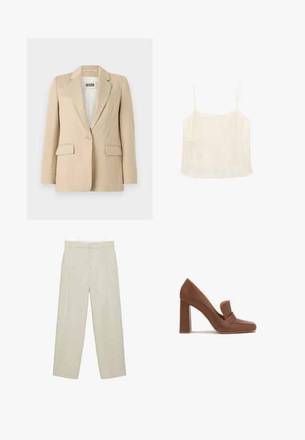 Beige blazer med spids. Enkelt knaplukning, to forlommer og en glat struktur. Mærket inde i blazeren viser "DRYKORN."; Flødefarvet ærmeløs camisole-top med tynde justerbare stropper og en lige halsudskæring på hvid baggrund.; Beige højtaljede skræddersyede bukser med sidelommer, bæltestropper og lynlås foran, i en rette bukseben pasform.; Brun læder højhælet sko med firkantet tå og en bred rem på tværs foran. Hælen er blokformet og solid.