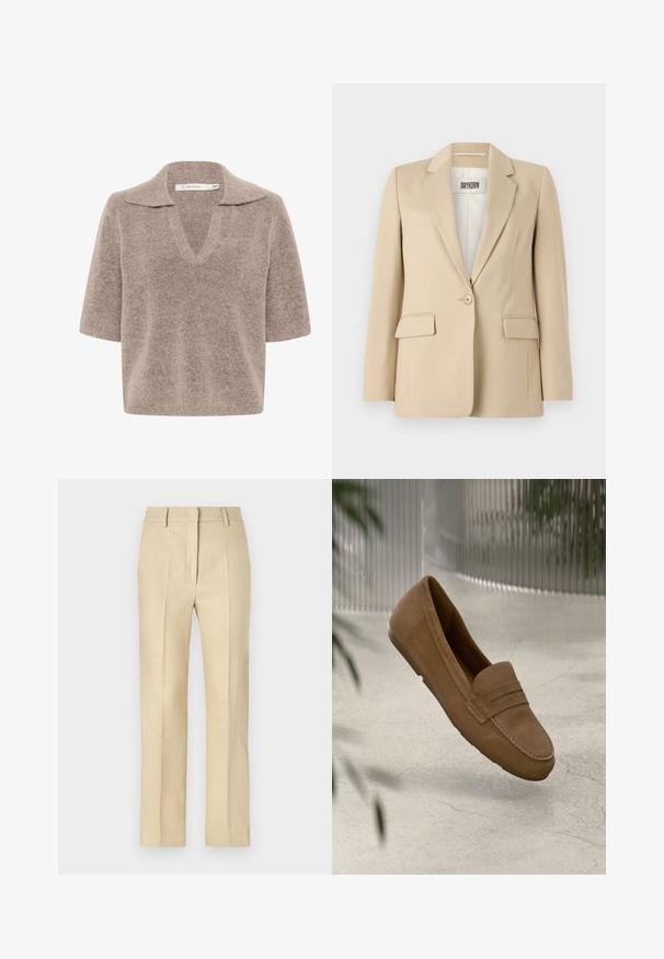Beiger Blazer mit Reverskragen, Ein-Knopf-Verschluss, zwei Fronttaschen und glatter Textur. Das innen angebrachte Label zeigt "DRYKORN".; Beiger, kurzärmeliger Pullover mit V-Ausschnitt, aus weichem Strickmaterial, mit Kragen und lässiger Passform.; Beige maßgeschneiderte Hosen mit geradem Bein, aus strukturiertem Stoff gefertigt, mit Bügelfalten und einem Reißverschluss an der Vorderseite.; Braune Wildlederschlupfschuhe mit runder Zehenpartie, dekorativen Nähten und einem Riemen über dem Vorderblatt. Glatte Oberfläche und flexible Sohle.