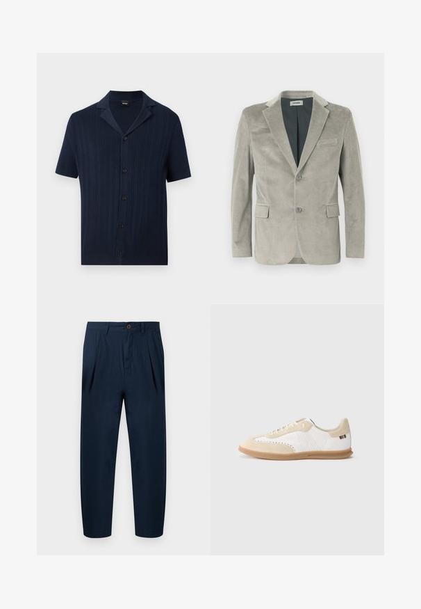 Blazer en velours côtelé gris clair avec un col cranté, deux boutons, deux poches avant et une doublure intérieure lisse. Tissu texturé avec des rayures verticales.; Chemise en maille bleu marine à manches courtes avec texture côtelée verticale, patte de boutonnage devant et col ouvert de la marque BOSS.; Pantalon bleu marine ajusté avec passants pour ceinture, bouton à l'avant, fermeture éclair et poches latérales, présenté à plat sur un fond blanc.; Baskets blanches avec accents en daim beige clair, détails perforés, lacets plats et semelle en caoutchouc naturel. Présentent un logo rayé sur le talon.