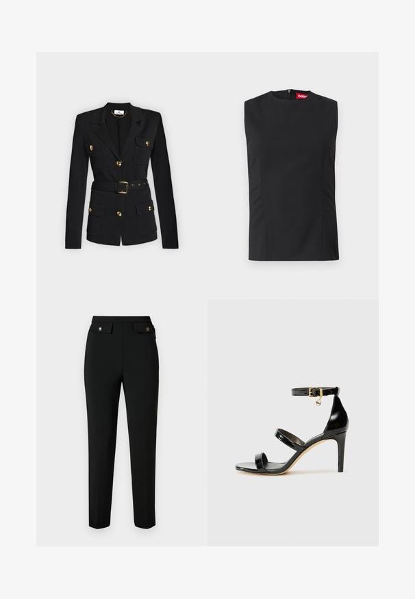 Blazer negro a medida con mangas largas, botones dorados, bolsillos con solapa y un cinturón a juego con hebilla dorada.; Top negro sin mangas con cuello alto, pinzas en el frente y una cremallera invisible en la parte posterior. Está hecho de una tela suave con un ajuste estructurado.; Pantalones negros a medida hechos de una tela suave, con corte recto, dos bolsillos frontales con solapas y detalles metálicos en tono dorado.; Sandalia de charol negro con tres correas, hebilla en el tobillo y tacón de aguja de 10 cm. Presenta detalles de hardware en oro y un charm con el logo.