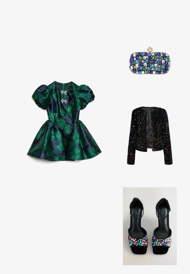 Schwarze Paillettenjacke mit Rundhalsausschnitt, offenem Vorderteil und langen Ärmeln. Verfügt über mehrfarbige, reflektierende Pailletten auf einem weichen Stoff.; Grünes, satinähnliches Kleid mit floralem Muster, Puffärmeln, tailliertem Oberteil und ausgestelltem Rock mit Reißverschluss am Rücken. Silberne Schleifendetails.; Schwarze High-Heel-Sandalen mit einem verzierten Zehenriemen aus bunten Pailletten. Das Material wirkt glatt und reflektierend und besitzt einen Knöchelriemen.; Kleine rechteckige Clutchtasche, dekoriert mit mehrfarbigen blauen, grünen, weißen und violetten Edelsteinen und einem runden Perlenverschluss.