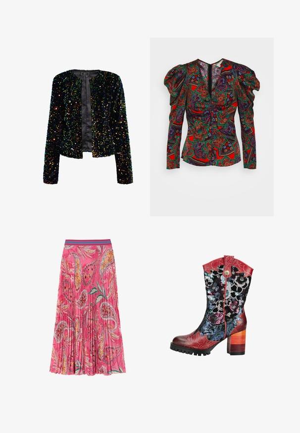 Sort, pailletteret jakke med rund hals, åben front og lange ærmer. Har mangefarvede, reflekterende pailletter på et blødt stof.; Veronica Beard SIMMONS - Bluse - flame red multi; Lyserød plisseret nederdel med blomster- og paisleymønstre, med en kontrasterende turkise stribet talje. Lavet af letvægtsstof.; Mid-kalv støvle med hæl med røde læderaccents, farverige blomster paliet mønstre og en lagdelt træblok hæl.