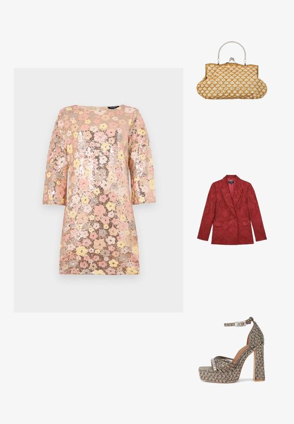 Rood dubbelreeksblazer met een getextureerd bloemenpatroon, inkeping revers, lange mouwen en klepzakken aan de voorkant.; Paillettenjurk met een bloemenpatroon in roze, geel en gouden tinten. Heeft driekwartmouwen en een ronde halslijn. Textuur oppervlak.; Sandaal met plateauzool en hoge hak, enkelriem met meerkleurige strass steentjes, open teen en stevige hak.; Handtasje in vintage stijl met een schelpmotief van goudkleurige en parelmoer kralen, voorzien van een zilverkleurig metalen frame en sluiting.