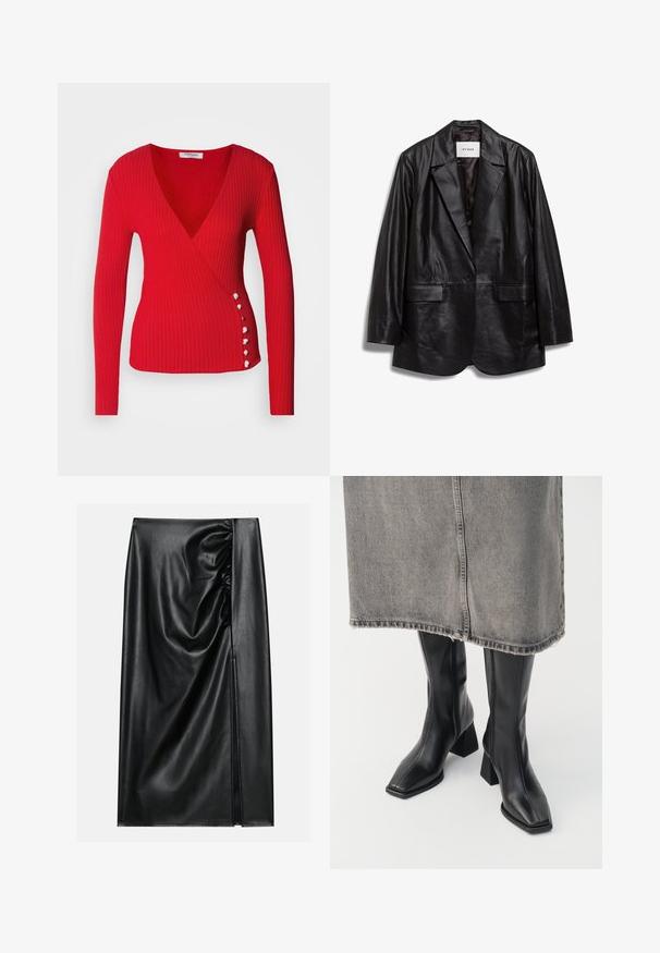 IVY OAK IOLOUISEBLAZER - Krátky kabát - black; Morgan Svetrík - rouge; Čierna kožená sukňa s hladkou textúrou, ktorá má nariasenú časť na jednej strane a bočný rozparok pre prídavnú detalizáciu.; Čierne kožené čižmy po kolená s hranatou špičkou a blokovým podpätkom. Nosené s sivou džínsovou sukňou s rozstrapkaným lemom.