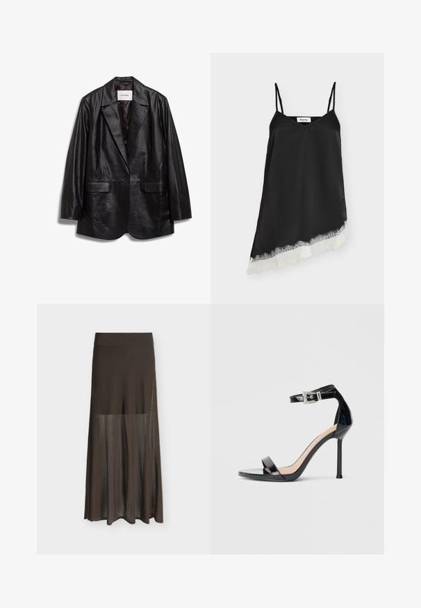 IVY OAK IOLOUISEBLAZER - Manteau court - black; Robe en satin noire sans manches avec fines bretelles et ourlet asymétrique orné de dentelle blanche.; Jupe longue marron semi-transparente avec taille cintrée et tissu plissé fluide sur un fond clair uni.; Sandale à talon haut en cuir verni noir avec bride à la cheville. Présente un design minimaliste, un bout ouvert et une boucle ornée de strass.