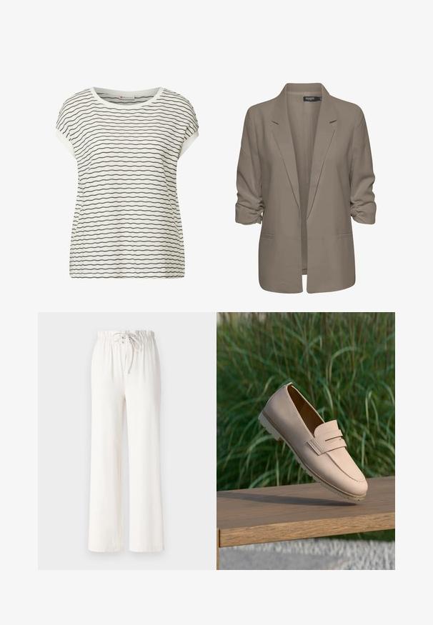 Blazer beige ample, fabriqué en tissu lisse, présente des manches retroussées, deux poches latérales et un design à revers.; Haut blanc à manches courtes avec des rayures horizontales noires, présentant un col rond et une coupe décontractée. Texture douce avec des coutures visibles.; Pantalon large blanc en tissu doux, avec une taille à cordon de serrage et une texture lisse. Aucun motif ni embellissement visible.; Mocassin beige clair à enfiler avec un double détail de brides, flottant au-dessus d'un banc en bois en plein air avec de hautes herbes vertes en arrière-plan.