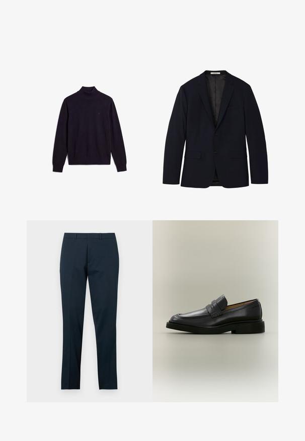 Marineblå herreblazer med notched revers, to-knaps lukning foran, klaplommer og enkelt brystlomme med kant, foret indvendigt.; Sort langærmet rullekravesweater med ribstrikket krave, manchetter og nederkant, der viser et lille broderet logo på øvre venstre bryst.; Marineblå bukser lavet af glat stof med en lige pasform, der har en flad front, bæltestropper og ingen lommer.; Sort læder herreloafer med lav hæl og en remdetalje over vristen, vist i profil på en neutral baggrund.