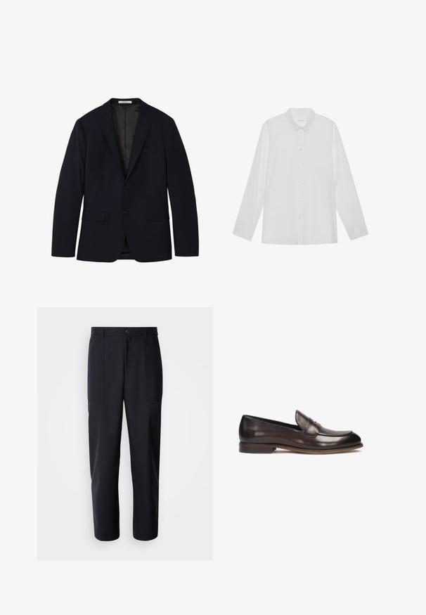 Blazer azul marino para hombre con solapas con muesca, cierre frontal de dos botones, bolsillos con solapa y un bolsillo con ribete en el pecho, forrado por dentro.; Camisa blanca de manga larga hecha de tela suave, con cuello puntiagudo, cierre frontal de botones y puños de un solo botón.; Pantalones oscuros de navy, confeccionados en un tejido suave, con un diseño de pierna recta, dos bolsillos laterales y un cierre de botón en la cintura.; Mocasines de cuero marrón oscuro con punta redondeada, detalle de costura elevada y un pequeño tacón. Textura suave y diseño clásico.