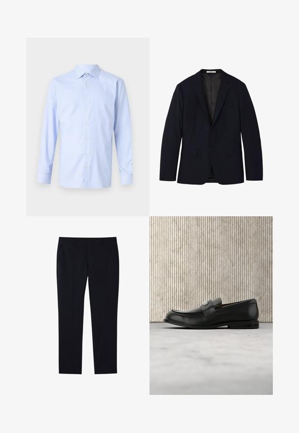 Marineblauer Herrenblazer mit Revers mit Kerbe, Vorderseite mit zwei Knöpfen, Klappentaschen und einer einzelnen Brustleistentasche, innen gefüttert.; Hellsblaues Langarmhemd mit kariertem Muster, Knopfleiste, spitzen Kragen und subtiler Textur. Taillierte Passform mit geknöpften Manschetten.; Schwarze, maßgeschneiderte, gerade geschnittene Hose mit Gürtelschlaufen, Seitentaschen und flachem Frontdesign.; Schwarzer Lederloafer mit einer Metallmarkenplatte, der nahe einem braunen runden Tisch auf beigem Teppichboden ruht.