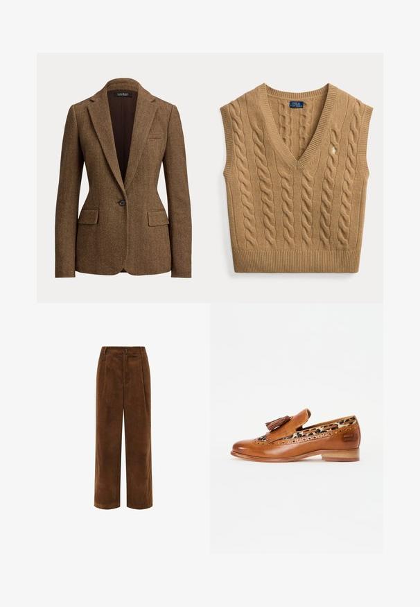 Brun blazer med fiskebenmønster, enkeltknappet, med notch revers og klaplommer, lavet af tekstureret vævet stof.; Camelbrun kabelstrikket ærmeløs V-hals sweater vest med Polo Ralph Lauren mærke og lille broderet logo foran.; Brune kordfløjls bukser med bred benvidde, en tekstureret overflade, plisseret front og lynlås lukning. Har et lille mærke på taljebåndet.; Brune læder loafers med dekorative kvaster og brogue-detaljer. Har en leopardprint foring og en lav træhæl.