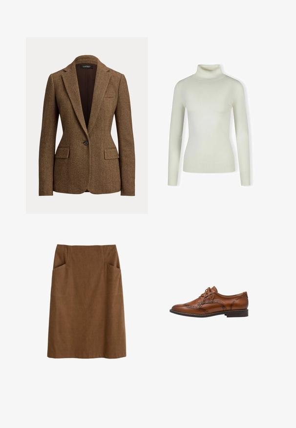Brun blazer med fiskebenmønster, enkeltknappet, med notch revers og klaplommer, lavet af tekstureret vævet stof.; Lys cremefarvet sweater med rullekrave lavet af blødt, ribbet materiale; tætsiddende design med lange ærmer og tekstureret kant. Ingen mønstre eller detaljer.; Brun bomuldsnederdel med en tætsiddende talje, to sidelommer og lige snit. Stoffet har en blød tekstur og en subtil glans.; Brun læder brogue oxford sko med vingetip detaljer, perforeringer, snørebånd og lav stablet hæl på hvid baggrund.
