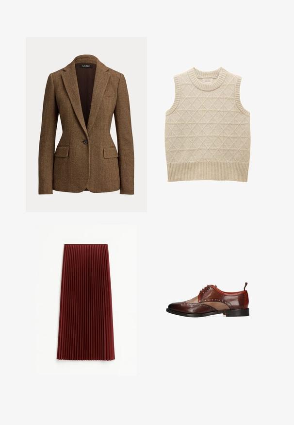 Brun blazer med fiskebenmønster, enkeltknappet, med notch revers og klaplommer, lavet af tekstureret vævet stof.; Beige strikket ærmeløs sweater med diamantmønster, ribbet krave og kant, lavet af blødt materiale for komfort. Mærket er synligt indeni.; Plisseret midi-nederdel i dyb rød, med et tekstureret stof og jævnt fordelte vertikale folder. Kanten falder omkring midt på læggen.; Brun tofarvet herresko i læder med brogue-detaljer, snørelukning og sort sål, vist fra siden på hvid baggrund.
