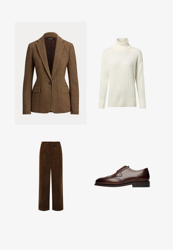 Bruine blazer met visgraatpatroon, enkeknoop, met notch-revers en klepzakken, gemaakt van gestructureerde geweven stof.; Crème-kleurige turtleneck trui met een ribbelstructuur, lange mouwen en een relaxte fit, met subtiele kleurvariaties doorheen.; Bruine wijde corduroy broek met knoopsluiting aan de voorkant, zijzakken en een hoge taille.; Bruine leren nette schoen met brogue-details, ronde neus en vetersluiting met vijf oogjes, rustend op een platte, gestructureerde zool.
