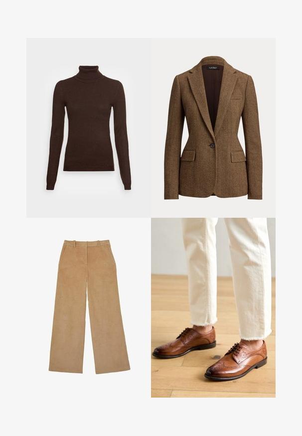 Brun blazer med fiskebenmønster, enkeltknappet, med notch revers og klaplommer, lavet af tekstureret vævet stof.; Vero Moda Tall VMHAPPINESS ROLLNECK - Striktrøje - coffee bean; Beige vidde bukser i fløjl med bæltestropper, sidelommer og lynlås foran.; Brune læder brogue sko med perforerede detaljer, rund tå og en glat overflade, parret med cremede bukser med frynset kant.